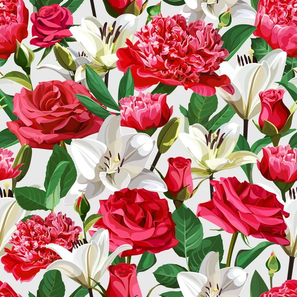 Безшовні Квіткові Візерунки Світлому Тлі Троянди Паї Лілії — стоковий вектор