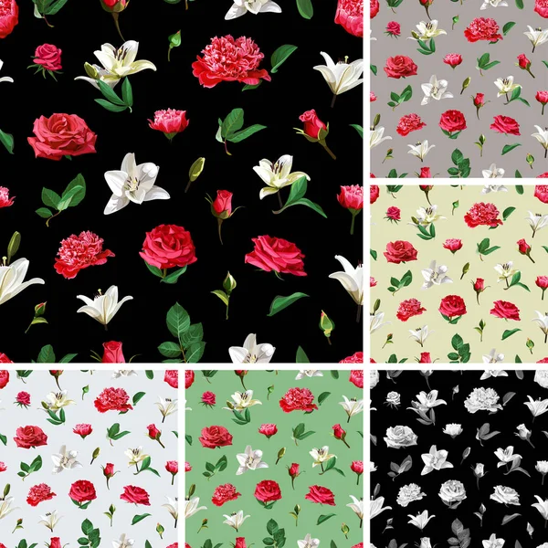 Motifs Floraux Sans Couture Roses Pivoines Lilium — Image vectorielle