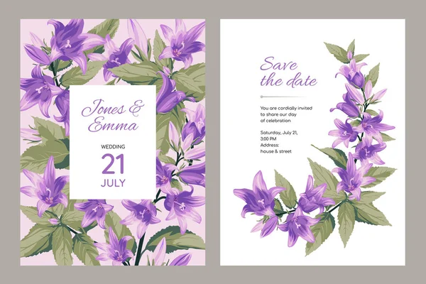 Huwelijksuitnodiging Kaart Frame Met Tekst Bloemen Paarse Campanula Lichtwitte Achtergrond — Stockvector
