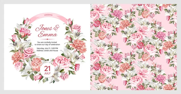 婚宴请柬的封面和无缝图案 浅色背景的白色和粉色玫瑰 牡丹和白百合 — 图库矢量图片