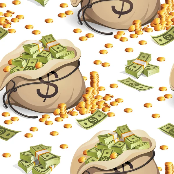 Απρόσκοπτο Μοτίβο Τσάντες Χρήματα Συσκευασία Δέσμες Πράσινων Τραπεζογραμματίων Και Χρυσά — Διανυσματικό Αρχείο