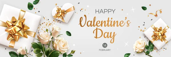 Yatay Sevgililer Günü Tebrik Kartı Şablonu Beyaz Güller Hediyeler Kalp — Stok Vektör
