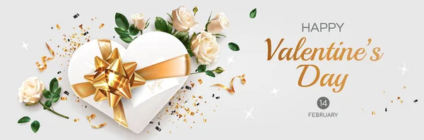 Horizontale Valentinstag Grußkarte Vorlage Mit Text Illustration Mit Weißen Rosen — Stockvektor