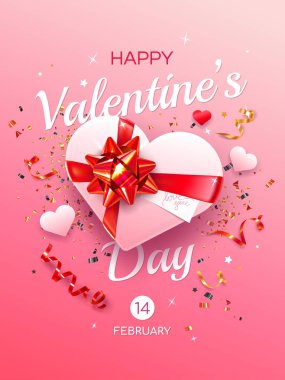 Sevgililer Günü tebrik kartı şablonu. Pembe arka planda beyaz hediye kutusu. Bayram sembolleri - kalpler, kırmızı ve altın kurdeleler ve süsler.