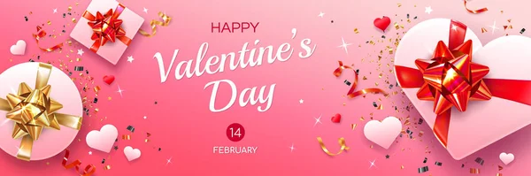 バレンタインデーのグリーティングカードテンプレート ピンクの背景に隔離された白いギフトボックス 休日のシンボル 赤と金のリボンとティンセル — ストックベクタ