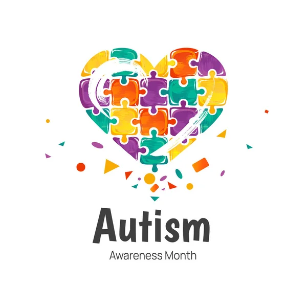 Otizm Farkındalığı Ayı. Beyaz arka planda izole edilmiş kalbi olan bir resim. Bulmaca bileşimi.