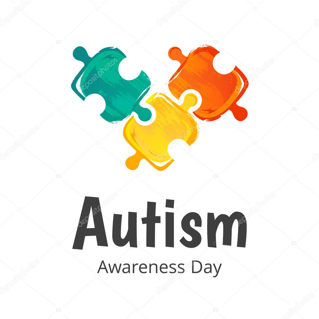 Banner for Autism Awareness Month. Illustration with heart isolated on white background. Puzzle composition.