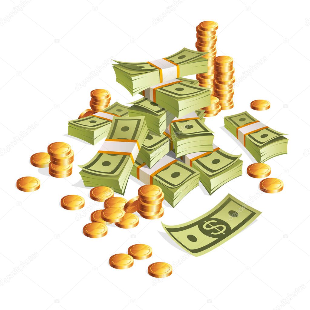Packing in bundles of banknotes. Stack of gold coins. Illustration - money isolated on white background.