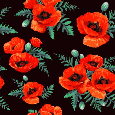 Siyah arka planda izole edilmiş kırmızı Poppy (Papaver rhoeas) çiçekleriyle kusursuz desen. İlkbahar illüstrasyonu.