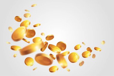 Işık arkaplanında altın sikkeler olan çerçeve. Para yağmuru. Büyük ikramiye ya da başarı konsepti. Metin için yeri olan illüstrasyon.