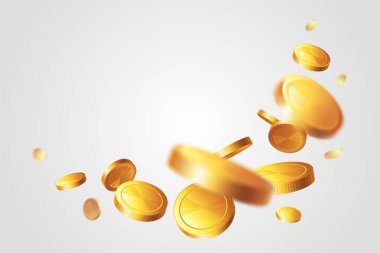Işık arkaplanında altın sikkeler olan çerçeve. Para yağmuru. Büyük ikramiye ya da başarı konsepti. Metin için yeri olan illüstrasyon.