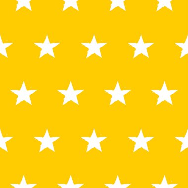 Sarı arkaplanda izole edilmiş beyaz el çizimi vektör yıldızlı kusursuz desen. 