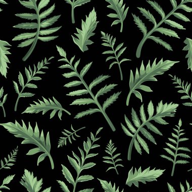 Siyah arka planda yeşil yapraklı kusursuz çiçek deseni. Düz şablon.