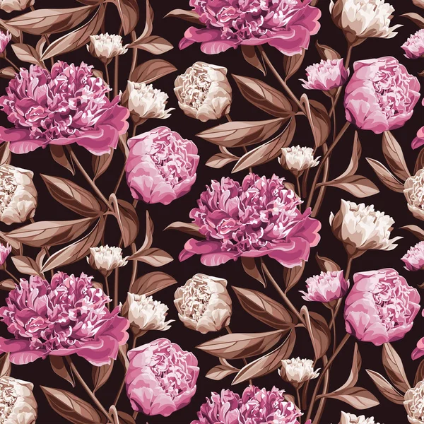 Pembe ve beyaz çiçekli kusursuz çiçek deseni - koyu arkaplanda şakayık.