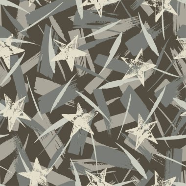 Gri fırça darbeleriyle kusursuz vektör kamuflaj deseni ve koyu gri arkaplanda izole edilmiş yıldızlar.