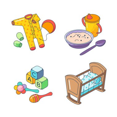 Bright children's items. Icons of tableware and food, clothing, toys, crib isolated on white background. Colourful cartoon Illustrations.