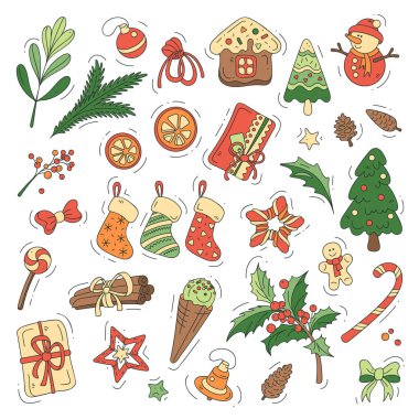 Beyaz arka planda izole edilmiş Noel sembolleri. Tatil için renkli çizimler. Çıkartma seti.