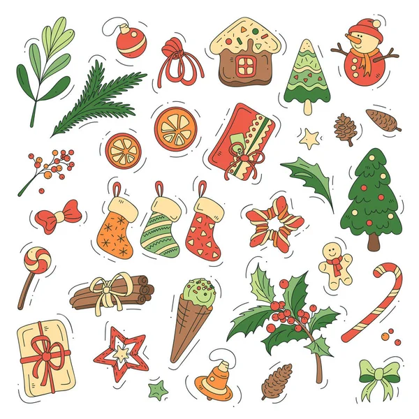 Beyaz arka planda izole edilmiş Noel sembolleri. Tatil için renkli çizimler. Çıkartma seti.