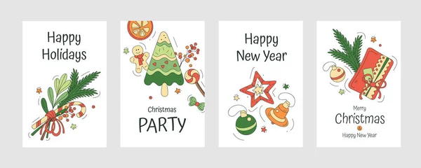 Cartões Com Símbolos Natal Texto Isolado Fundo Branco Ilustrações Coloridas — Vetor de Stock