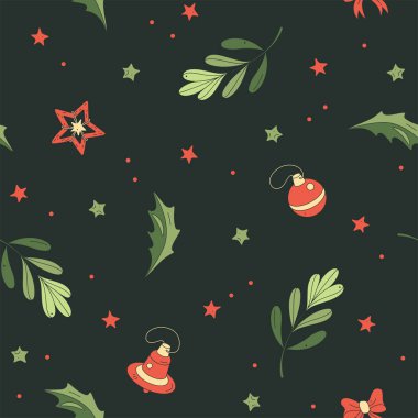 Siyah arka planda izole edilmiş kırmızı ve yeşil Noel sembolleri olan kusursuz desen. Tatiller için renkli arkaplan şablonu. 
