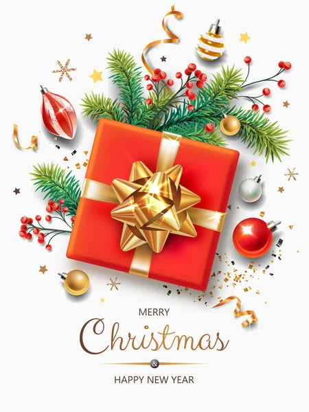 Noel sembolleri ve metinli dikey afiş. Noel ağacı, hediyeler, balolar, dekorasyon ve ışık arka planındaki diğer şenlikli unsurlar.