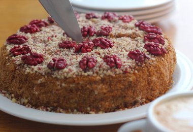 Nadir bulunan cevizli ev yapımı cevizli kek ve beyaz tabakta dilimlenen ezilmiş fındıklar, yemek fotoğrafçılığı, fırın, kafe, mevsimlik kutlama ve konfor havası için sıcak sonbahar tatlısı.
