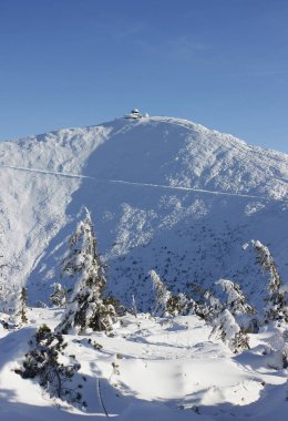 Krkonose 'deki Snezka Dağı' nın (Sniezka, Schneekoppe) kış manzarası (Dev Dağlar) Karpacz yakınlarındaki Polonya tarafından görüldü, taze kar, mavi gökyüzü, fotokopi uzayı ile huzurlu dağlık alan manzarası