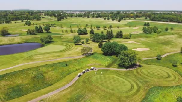 Vista aérea a partir do topo n do campo de golfe. Pessoas e carros em um campo de golfe de uma altura. — Vídeo de Stock