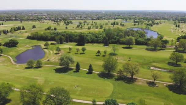 Aerial View vanaf de top n van de golfbaan. Mensen en auto 's op een golfbaan vanaf een hoogte. — Stockvideo