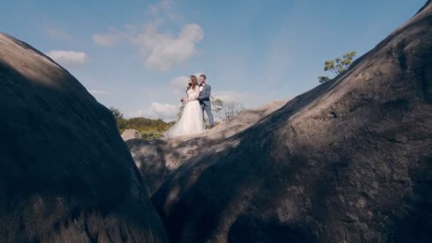 Una coppia di sposi appena sposati che passeggia nel parco. Due giovani innamorati si incontrano occhi — Video Stock