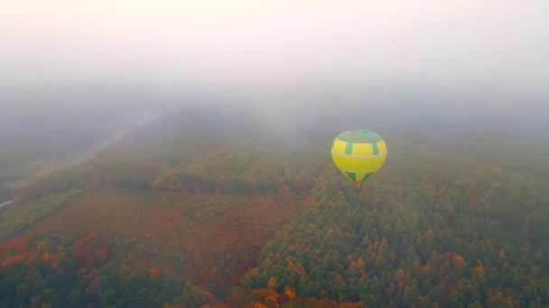 Ballon survolant la forêt d'automne par un brouillard épais et un temps nuageux, vue d'en haut. — Video