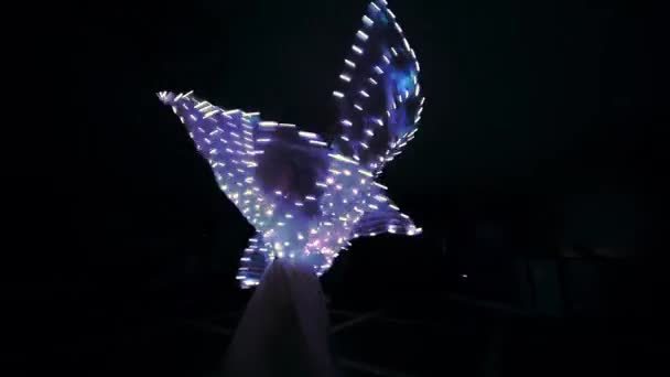 The girls perform a dance with LED wings. LED lights glow in the dark. Young girls revolve around themselves and dance in the dark. — Stock Video