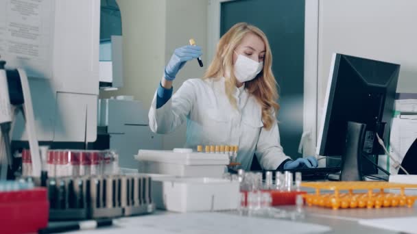 一位微生物学科学家检查实验室的试管，并将信息输入数据库。研究人员在血液和微生物研究实验室工作. — 图库视频影像