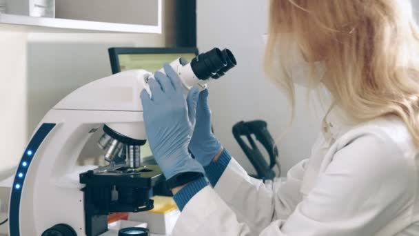 Mikrobiolog arbetar med ett mikroskop i ett laboratorie- och forskningscenter. En kvinna med kaukasiskt medborgarskap undersöker blodprov i mikroskop. Forskaren arbetar i laboratoriet — Stockvideo