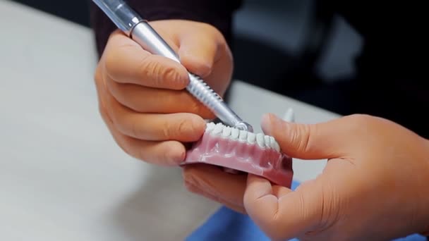 Tandheelkunde in de praktijk. de tandartspraktijken op de afdruk van de kaak. Een beginnende tandarts boort een gat in het model tanden met een typemachine. — Stockvideo