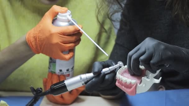 Praktek medis. Dokter gigi masa depan berlatih keterampilan pada model cetakan rahang manusia. — Stok Video