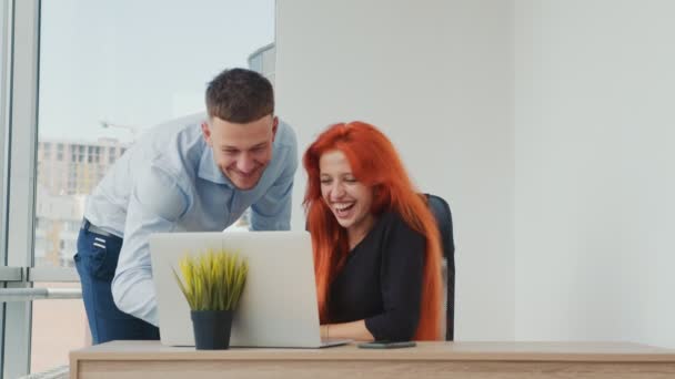 Empresarios discutiendo proyectos en el portátil en la oficina. Chica de pelo rojo y nacionalidad caucásica. Trabajadores de oficina felices trabajando. — Vídeos de Stock