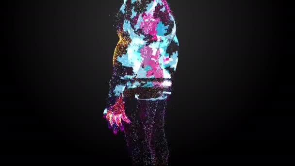 Animação 3d da imagem de um homem e pequenas partículas de um robô futurista. Olhe no meio do corpo humano de pequenas partículas — Vídeo de Stock