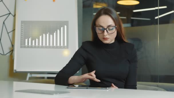 Femme travaillant avec tablette dans le bureau. La femme d'affaires résout les tâches stratégiques de l'entreprise travaillant seule dans un petit bureau — Video