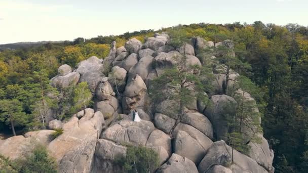 Vista aérea pareja de boda en roca de montaña de dron. Vista aérea Felices recién casados enamorados abrazándose de pie en la cima de la montaña. — Vídeos de Stock