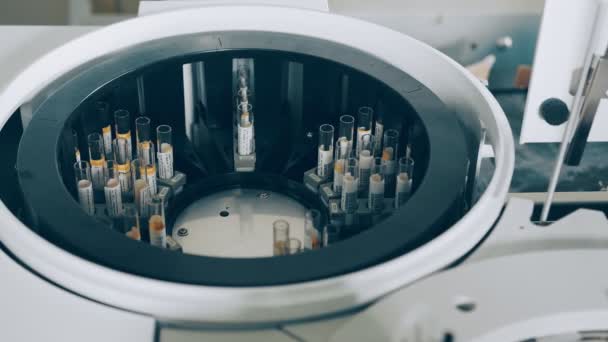 Trabajo del analizador bioquímico en el laboratorio de cerca. tubos de ensayo que se envían automáticamente para su examen — Vídeos de Stock
