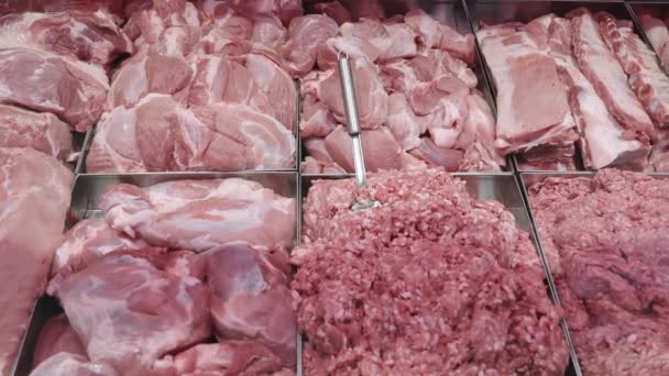 Fleischprodukte auf der Theke eines Schaufensters. Fleisch, Schweinefleisch, Hackfleisch werden auf dem Markt nach Gewicht verkauft. Ein Haufen rohes Schweinefleisch. — Stockvideo