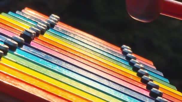 Playing the xylophone. A childs hand strikes the colorful keys of the xylophone. — Stock Video