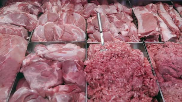 Fleisch auf der Supermarkttheke. Hackfleisch und Schweinefleisch in Metallbehältern im Schaufenster ausgelegt. — Stockvideo