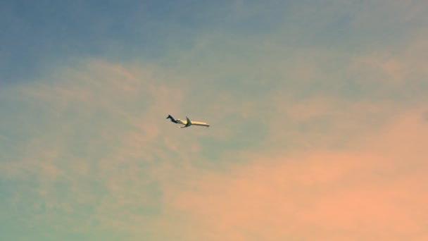 Flugzeug landet auf dem Hintergrund eines fabelhaften Sonnenuntergangs. Flugzeug fliegt von der Seite in den Himmel. — Stockvideo