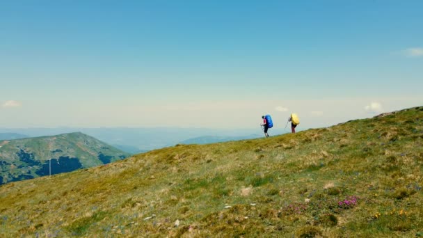 Vue aérienne Un couple de touristes descendant du sommet. Voyage dans les montagnes. Deux randonneurs avec sac à dos bleu et jaune dans les montagnes. — Video
