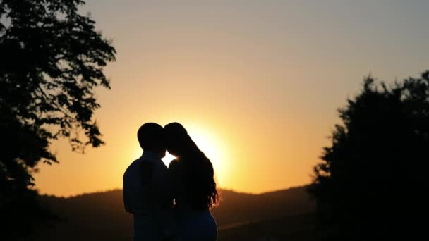 Silhouette de deux jeunes amoureux au coucher du soleil. Rendez-vous romantique au coucher du soleil. Mouvement dynamique de la caméra. — Video