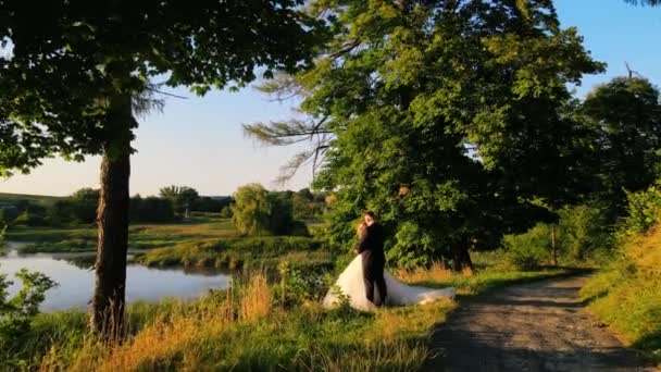 Os recém-casados no dia do casamento estão em pé junto ao lago em um parque verde. O noivo abraça a noiva pela cintura e fica atrás dela. Casal romântico entre a natureza pitoresca — Vídeo de Stock