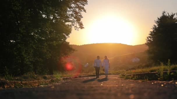 Молодая пара, держащаяся за руки на закате. Пара влюбленных гуляющих по парку на закате. Оранжевый закат — стоковое видео