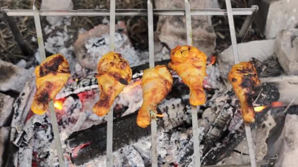 Kycklingtrumpinnar bakade på kol på spett. Picknick och grillning kyckling på kol vy ovanifrån. — Stockvideo